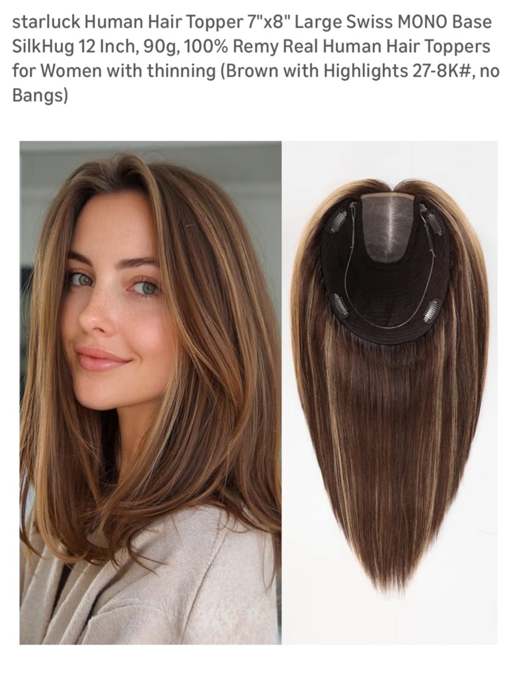Human Hair Topper Large Swiss MONO Base SilkHug Real Brown Highlights Wig Salon
